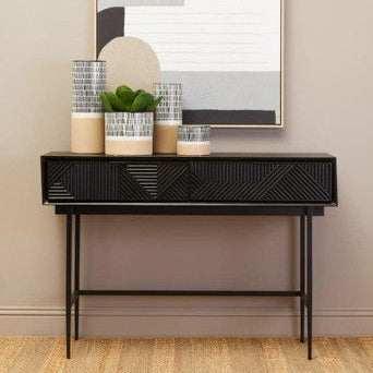 Silver and Black Carved Wooden Effect Console Table with 2 Storage Drawer | Jakara