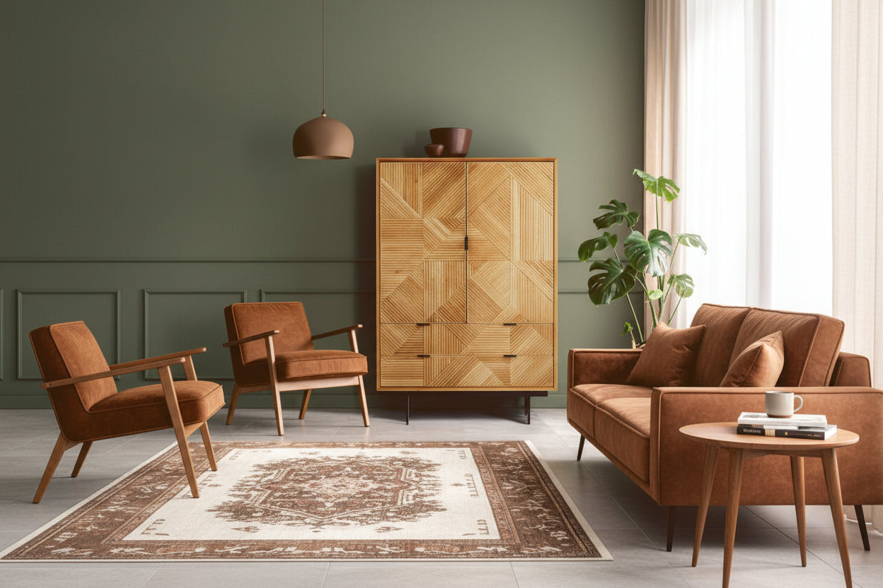Wooden cabinet with geometric pattern in a room with green walls, brown chairs, and a plant.