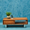 Brown Acacia Wood 1-Drawer Coffee Table with 1 Open Shelf and Stainless Steel Legs | Simla