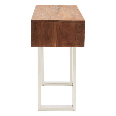 Brown Warm Toned Acacia Wood Two-Drawer Console Table with Silver Stainless Steel Legs, Simla