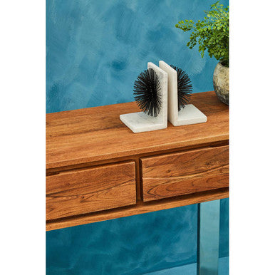 Brown Warm Toned Acacia Wood Two-Drawer Console Table with Silver Stainless Steel Legs, Simla