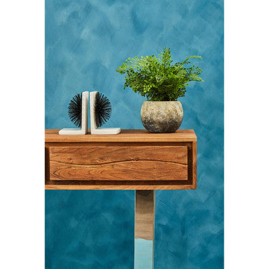 Brown Warm Toned Acacia Wood Two-Drawer Console Table with Silver Stainless Steel Legs, Simla