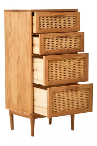 Rattan and Oak Wood Chest of Four Drawers | Lyon