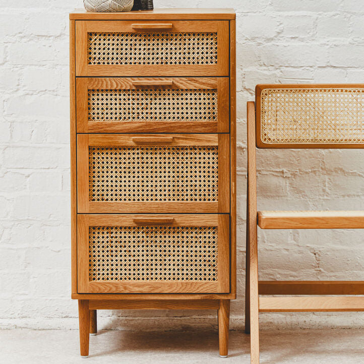 Rattan and Oak Wood Chest of Four Drawers | Lyon