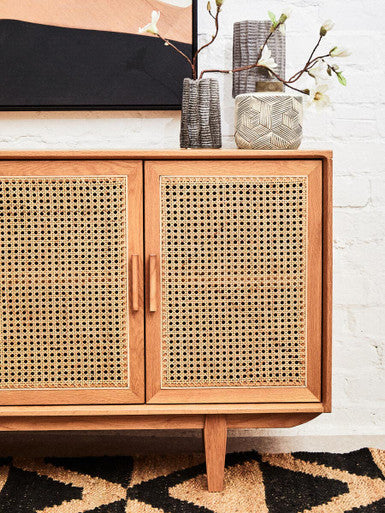 Rattan and Oak Wood 4 Door Sideboard | Lyon