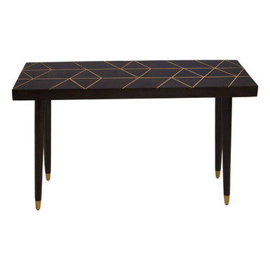 Brown Mango Wood Rectangular Console Table with Gold Tip Legs and Geometric Gold Lines on Top | Naro