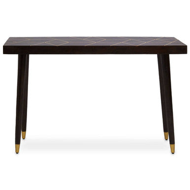 Brown Mango Wood Rectangular Console Table with Gold Tip Legs and Geometric Gold Lines on Top | Naro