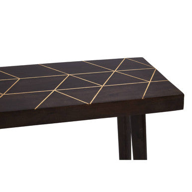 Brown Mango Wood Rectangular Console Table with Gold Tip Legs and Geometric Gold Lines on Top | Naro